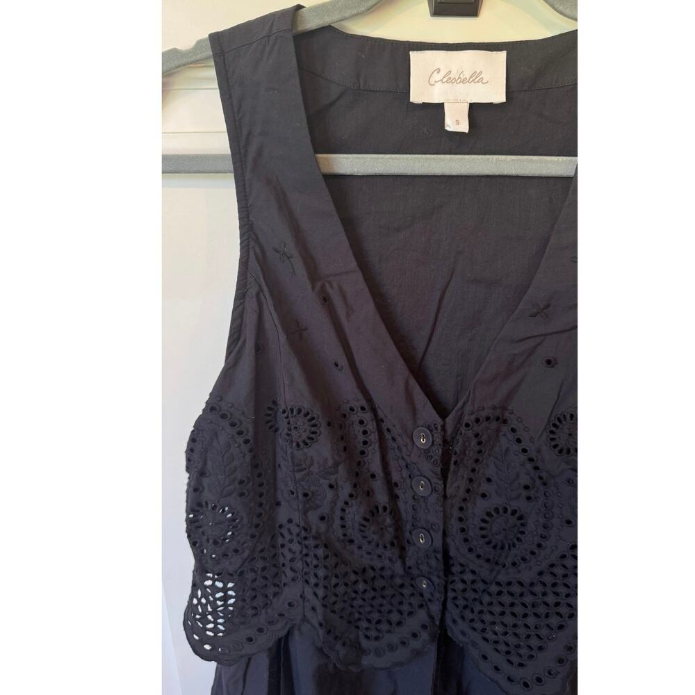 CLEOBELLA Julie Organic Cotton Poplin Lace Midi Dress Sz Small Black Eyelet Boho - Picture 3 of 12